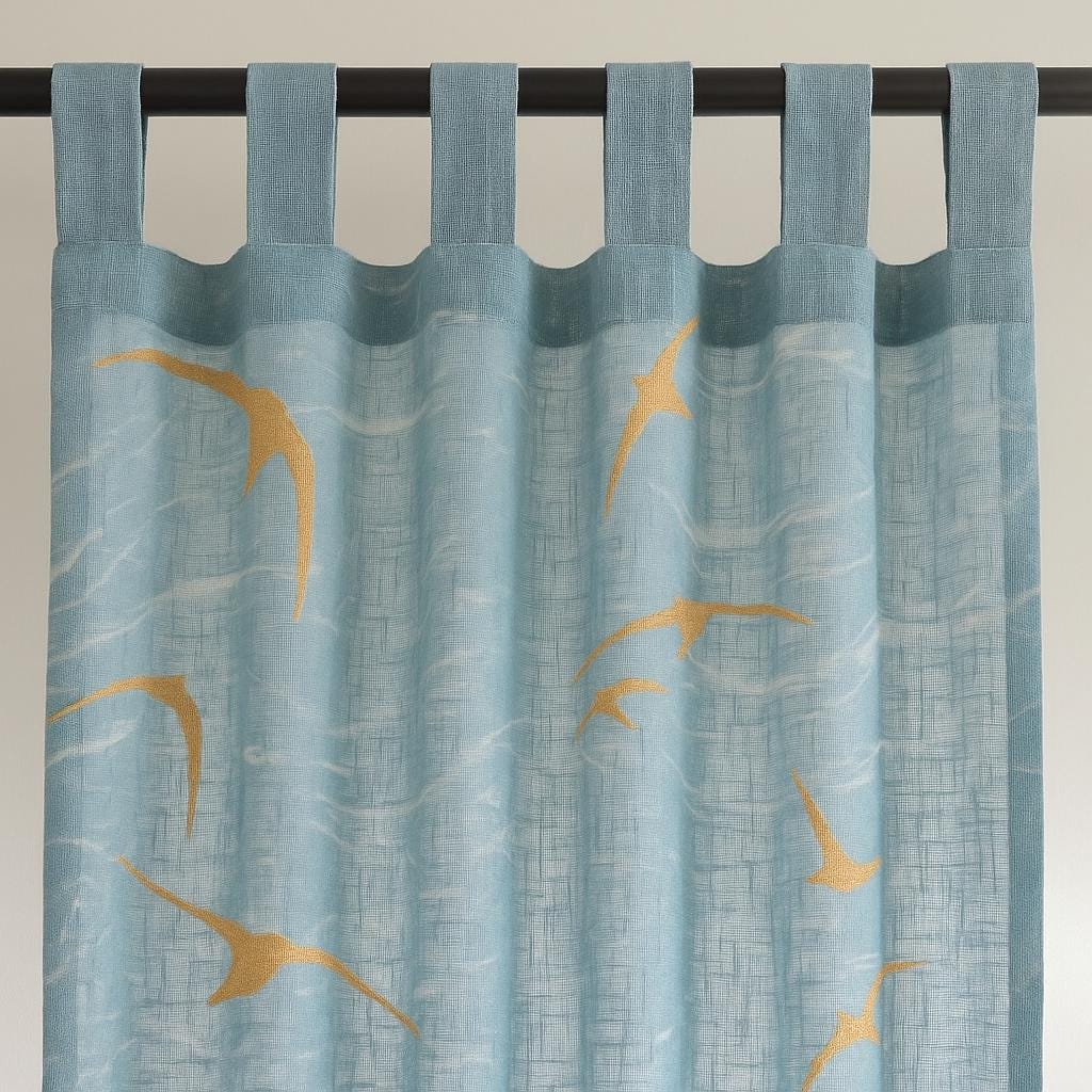 Sheer Aqua Bird Embroidered Curtain | Linen Look | Golden Seagull Panel | Custom Light Filtering Drapes