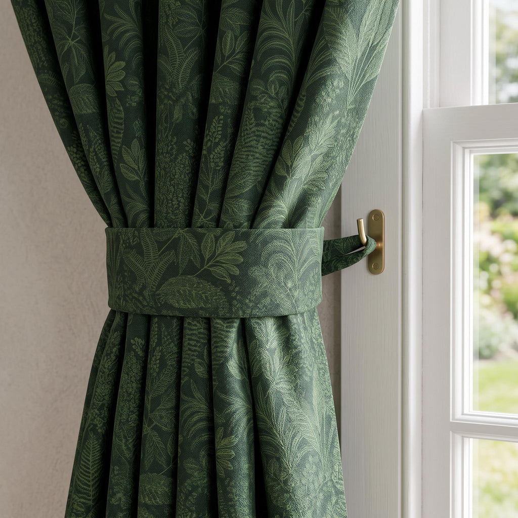 Dark Green Botanical Curtains, Heavy Cotton Linen Drapes, Floral Leaf Window Panels, Custom Moody Forest Green Curtains