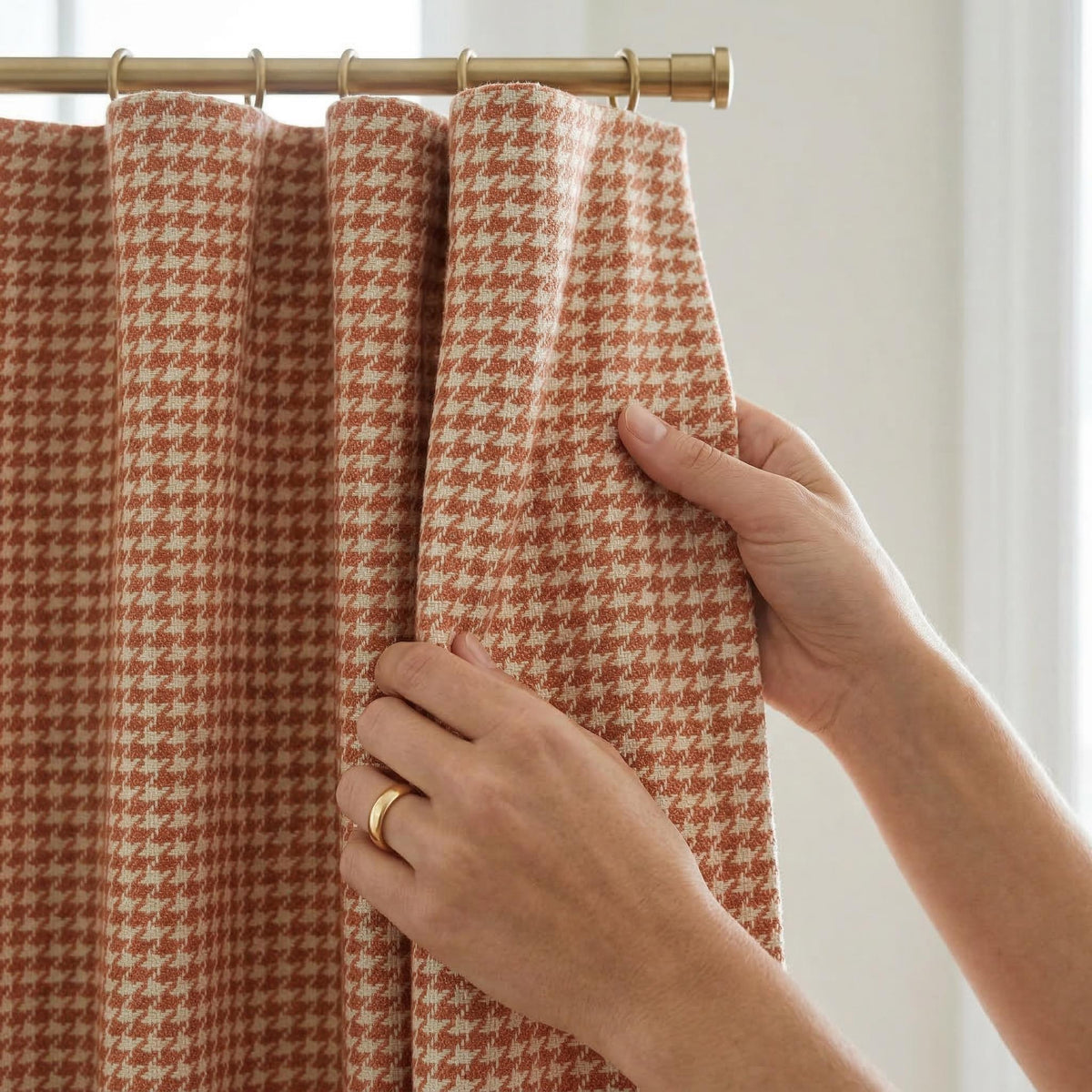 Terracotta Houndstooth Curtains, Rust Pattern Drapes, Custom Window Panels, Farmhouse Curtains, 4 Header Style Options Available