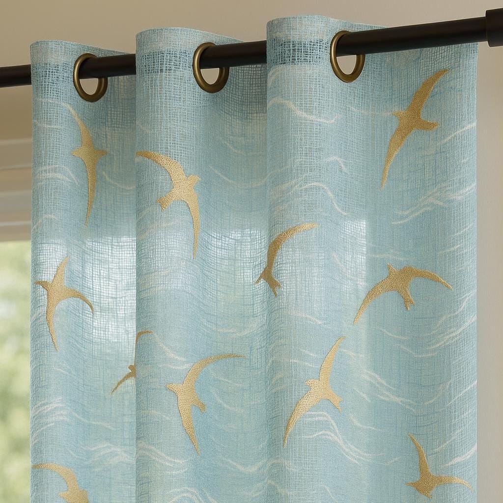 Sheer Aqua Bird Embroidered Curtain | Linen Look | Golden Seagull Panel | Custom Light Filtering Drapes