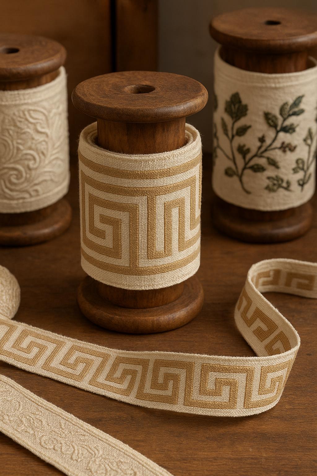 Greek Key Embroidered Trim: Blue & Ivory Cotton Canvas Border, 4" Wide