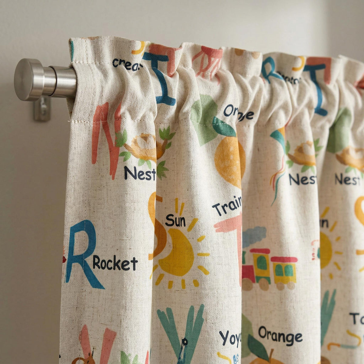 Children’s Alphabet Curtains | ABC Print Nursery Drapes | Colorful Kids Playroom Curtains | Light Filtering Panels | Custom Sizes