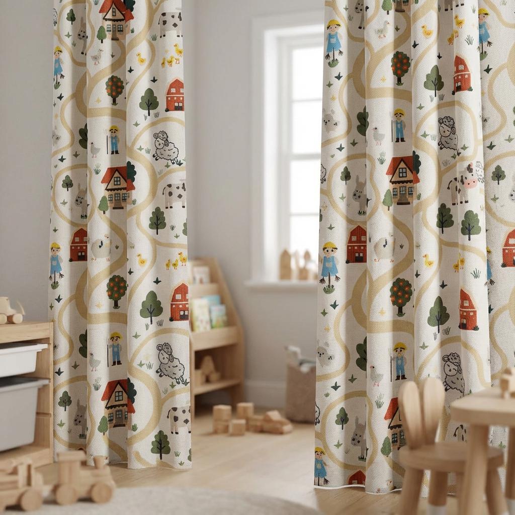 Kids Nursery Curtains Farm Village Design | Custom Made Children’s Drapes | 50 or 100 Inch Wide | Light Filtering or Blackout