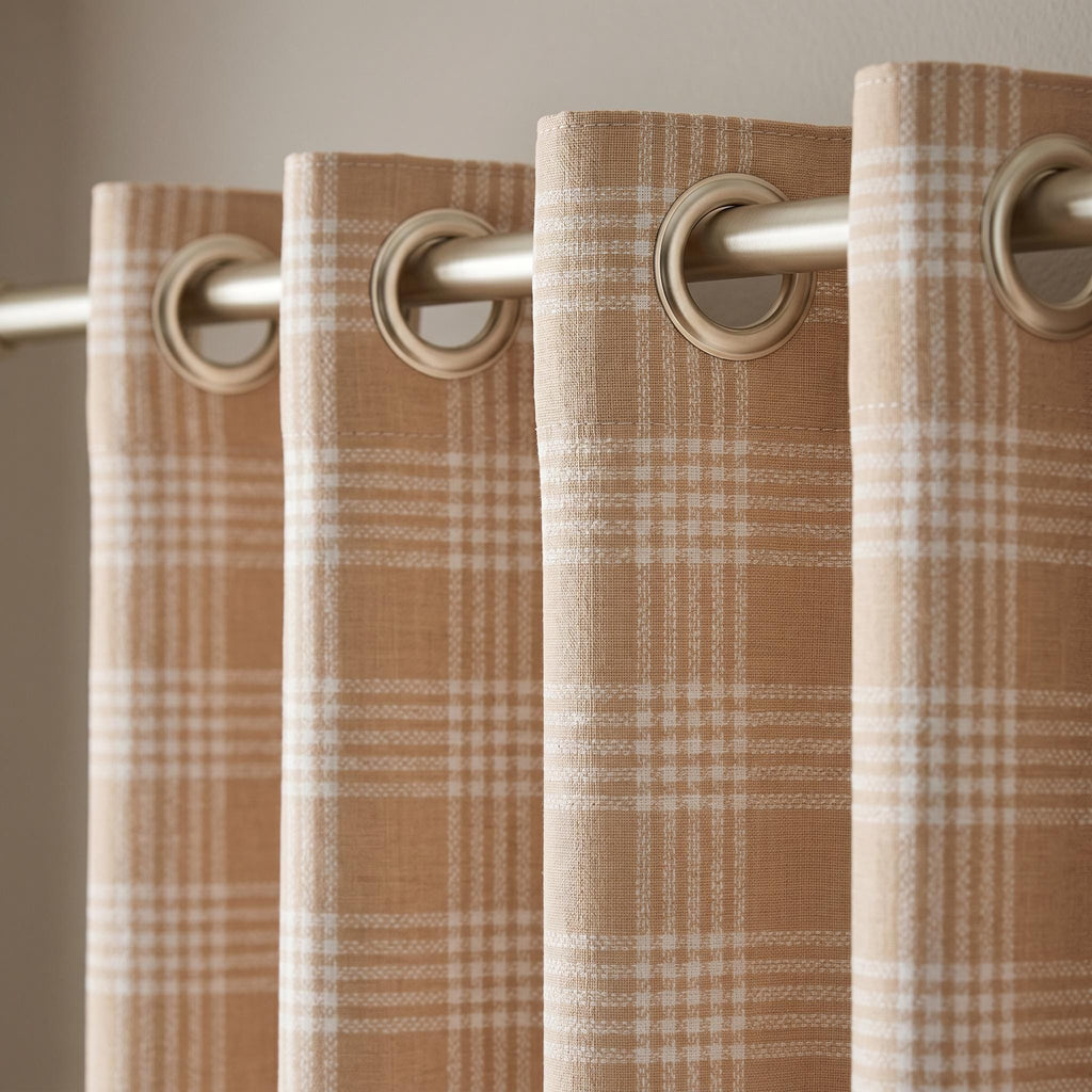 Warm Tan Plaid Curtains, Camel Check Linen Look Curtain Panel, Farmhouse Window Drapes, Custom Rod Pocket Curtains