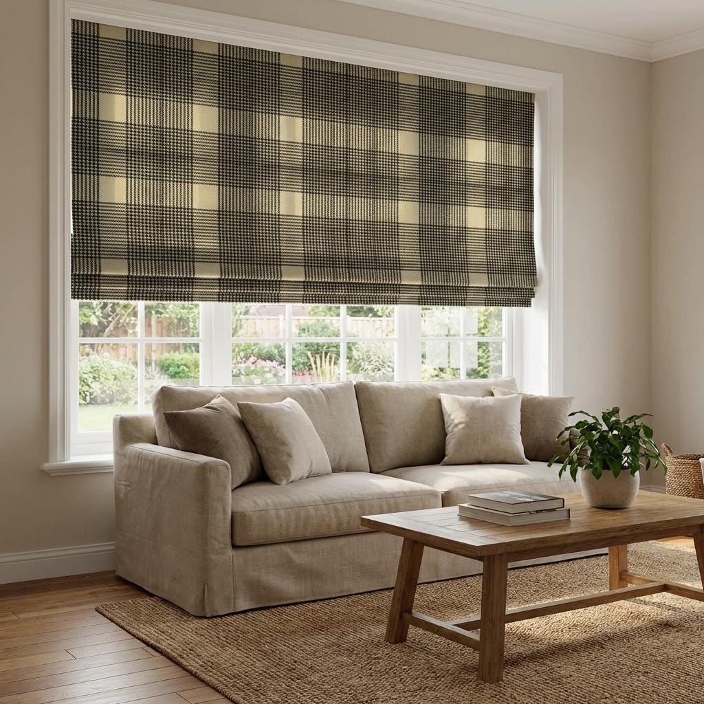 Plaid Roman Shade Custom, Beige Brown Check Roman Blind, Heavy Fabric Farmhouse Window Covering