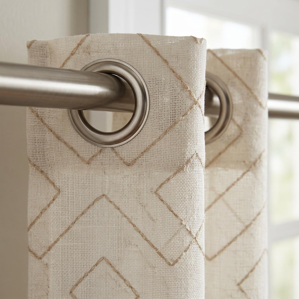 Warm Rust Embroidered Sheer Curtains, Ivory Boho Geometric Drapes, Linen Look Custom Window Panel