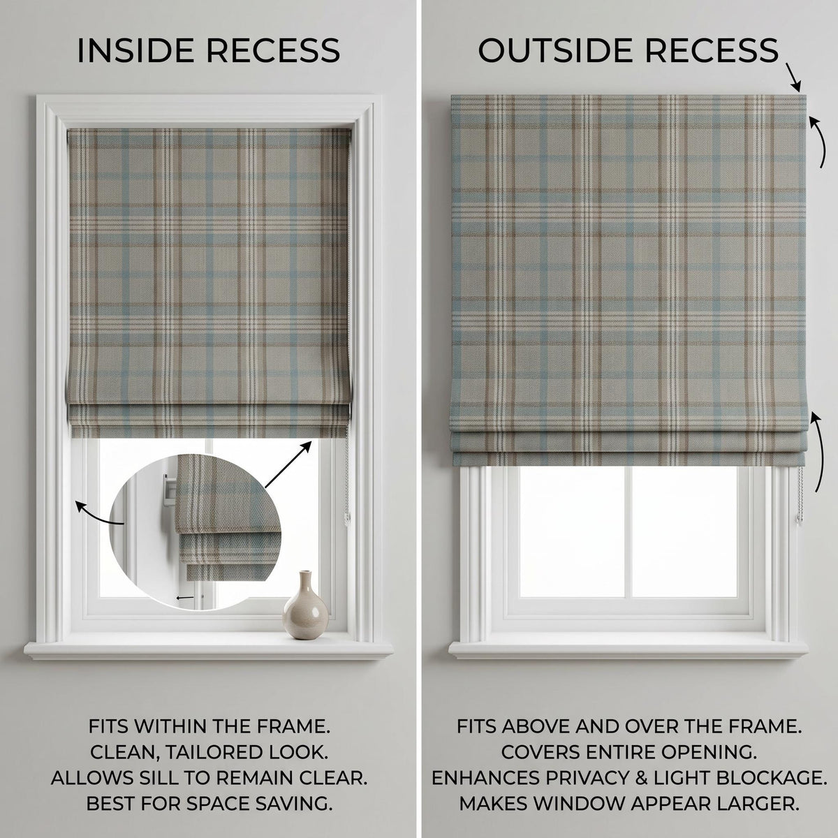 Plaid Roman Shade, Custom Window Shade, Neutral Check Roman Blind, Farmhouse Window Treatment, Corded Roman Shade, Made to Measure