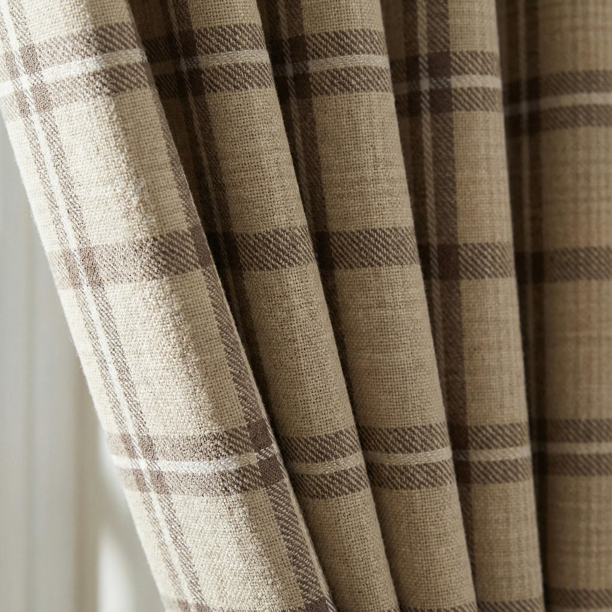 Beige Plaid Curtains, Farmhouse Check Window Panels, Brown Neutral Grommet Drapes, Rustic Country Living Room Bedroom Curtain