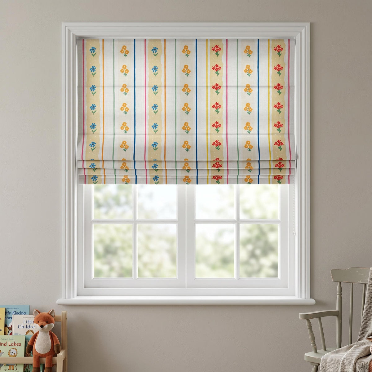 Colorful Floral Stripe Roman Shade, Kids Room Roman Blind, Nursery Window Treatment, Cottage Flower Curtain, Custom Roman Shade