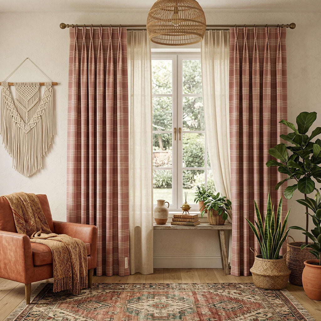 Handmade Plaid Curtains, Tartan Check Drapes, Custom Pinch Pleat Panels, Luxury Farmhouse Window Curtains