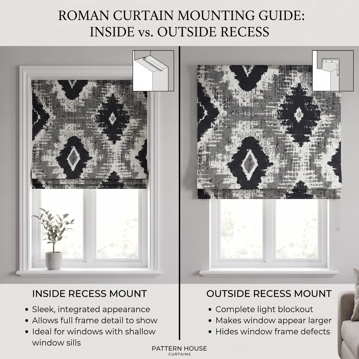 Black and White Abstract Roman Shade, Distressed Geometric Window Blind, Grey Modern Custom Window Treatment for Living Room or Kitchen