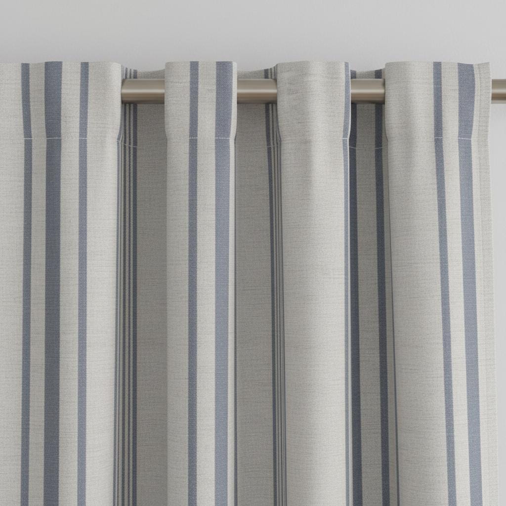 Blue Striped Cotton Linen Look Curtains, Vertical Stripe Drapes, Light Filtering Window Curtains, Custom Size Panels