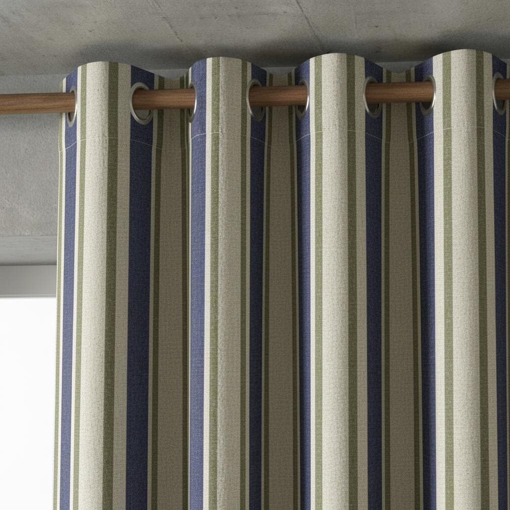 Blue & Beige Striped Curtains | Custom Made Rod Pocket Drapes | Linen Look Window Curtains | Farmhouse Coastal Bedroom Living Room
