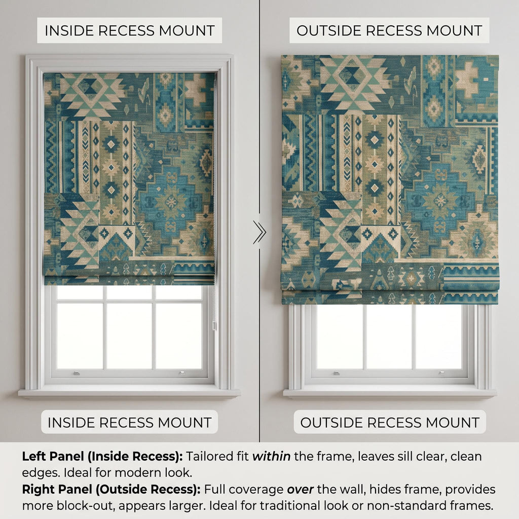 Blue Southwestern Roman Shade, Custom Upholstery Fabric Window Blind, Tribal Geometric Roman Blind, Rustic Boho Window Treatment