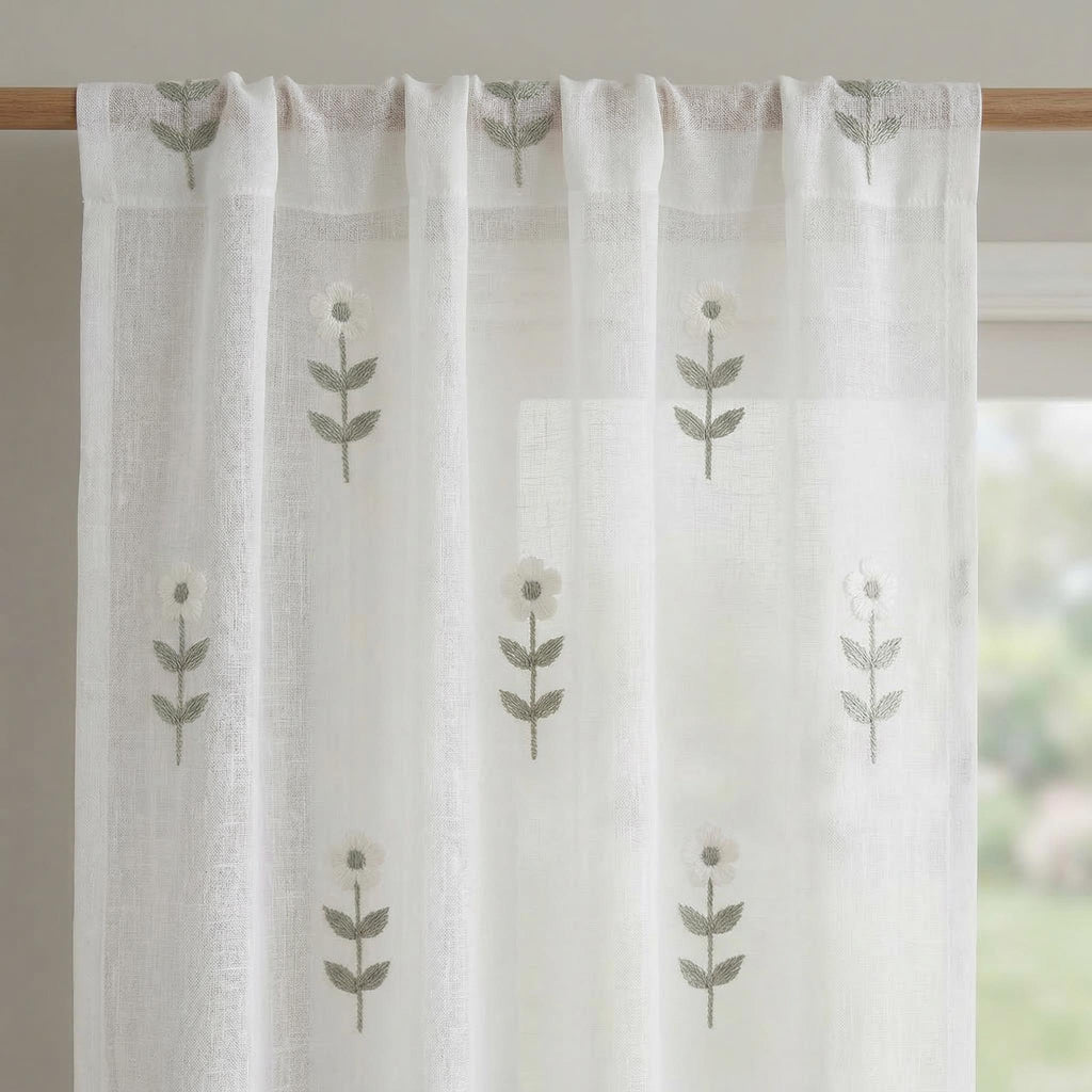 Embroidered Floral Sheer Curtains, Cottage Farmhouse Window Panels