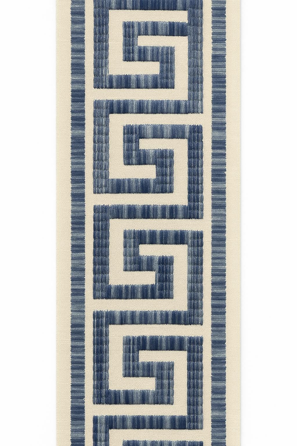 Greek Key Embroidered Trim: Blue & Ivory Cotton Canvas Border, 4" Wide