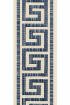 Greek Key Embroidered Trim: Blue & Ivory Cotton Canvas Border, 4" Wide