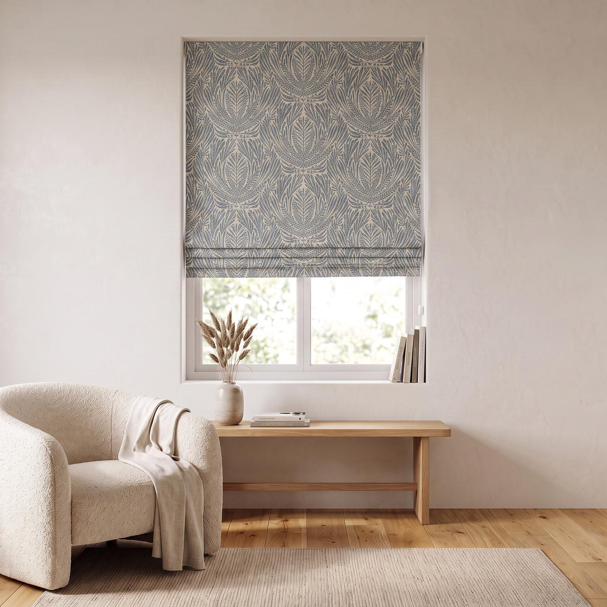 Blue Slate Botanical Linen Roman Shade, Muted Blue Fern Window Blind, Earthy Leaf Pattern Shade, Blackout or Light Filter