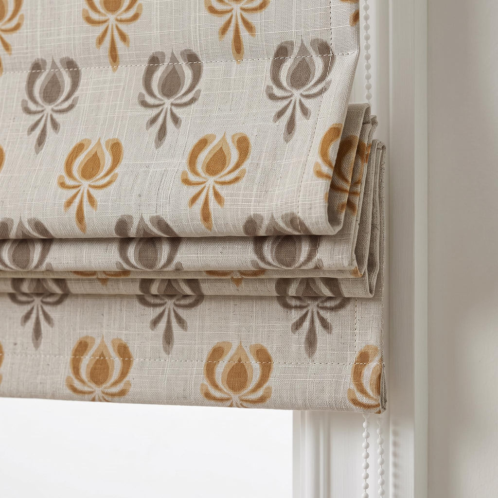 Neutral Floral Woven Linen Roman Shade, Mustard Beige Tulip Window Blind, Earthy Botanical Pattern Shade, Blackout or Light Filter