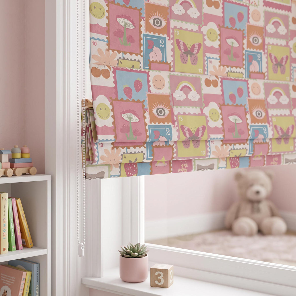 Colorful Kids Roman Shade, Whimsical Nursery Window Shade, Floral Butterfly Roman Blind, Girls Room Decor, Custom Roman Shade
