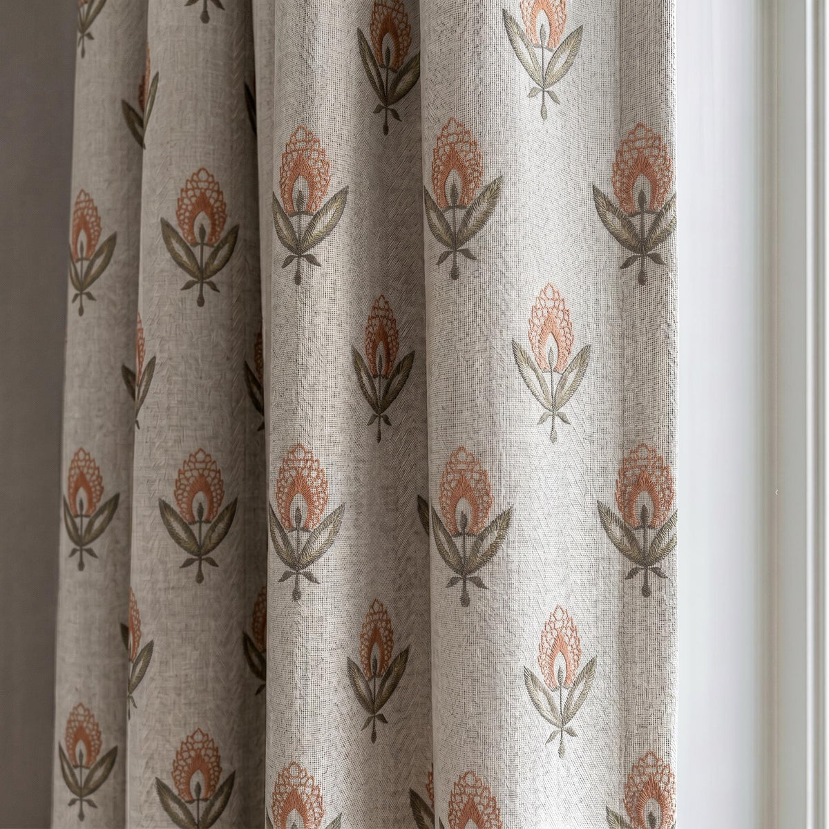 Embroidered Botanical Linen Curtain | Floral Embroidery Drapes | Neutral Farmhouse Curtain Panel