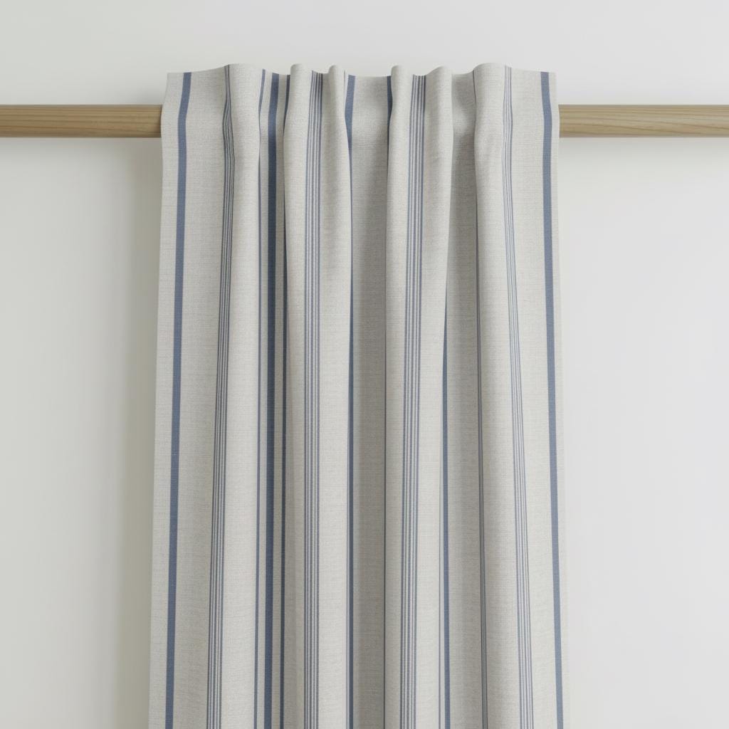 Blue Striped Cotton Linen Look Curtains, Vertical Stripe Drapes, Light Filtering Window Curtains, Custom Size Panels