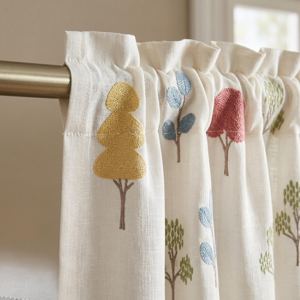 Embroidered Tree Curtains, Lightweight Cotton Look Curtains, Colorful Botanical Drapes, Nursery Kids Room Curtain Panel