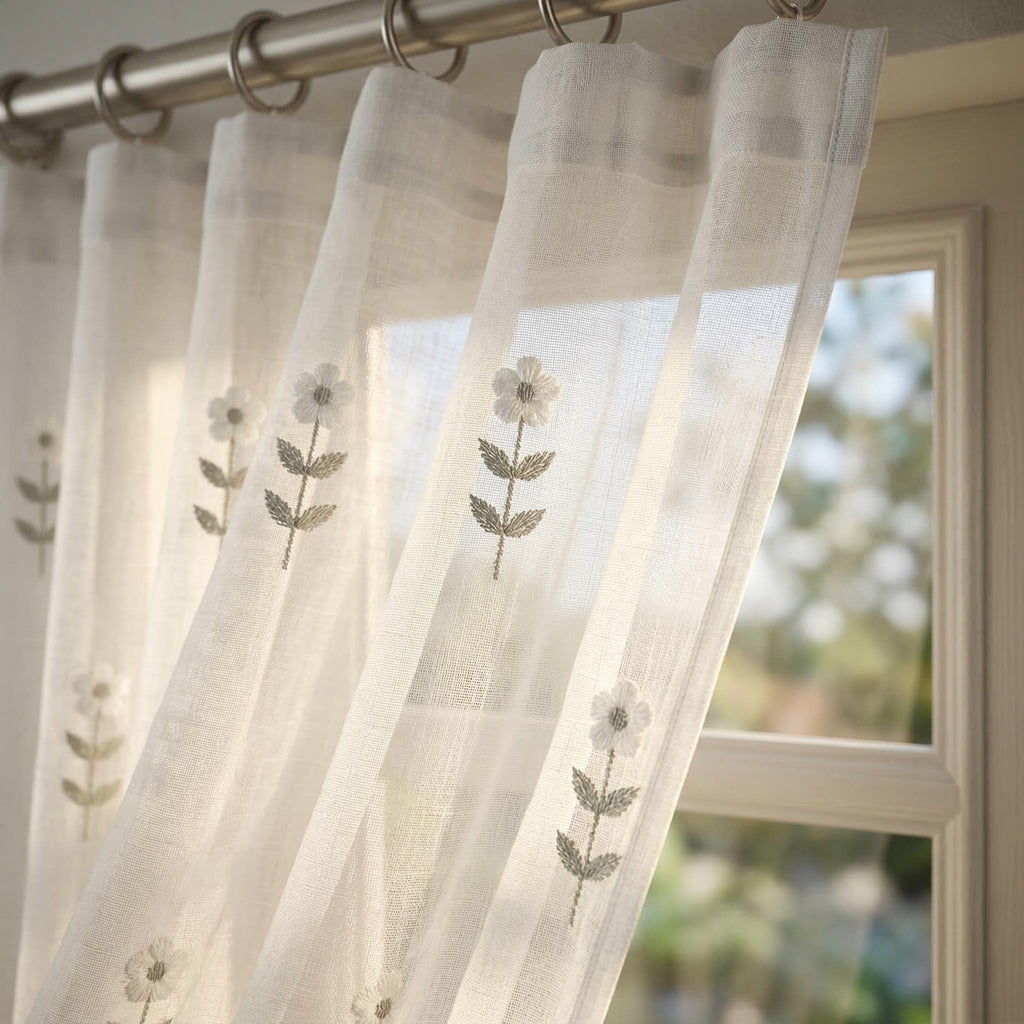 Embroidered Floral Sheer Curtains, Cottage Farmhouse Window Panels