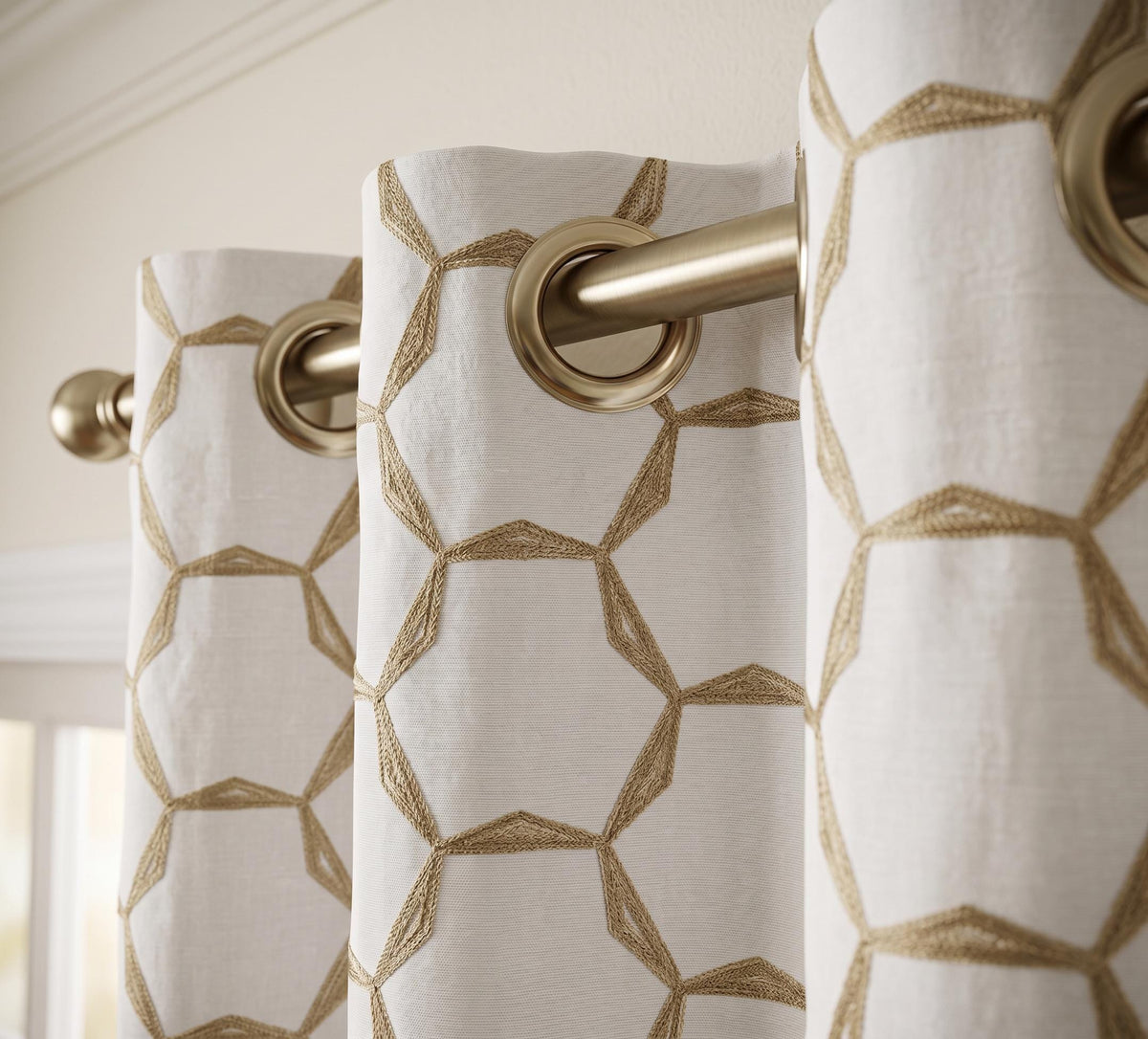 Gold Geometric Embroidered Curtain Panel with Matching Tie Back, White Hexagon Trellis Drapes, Raised Stitch Custom Window Panels