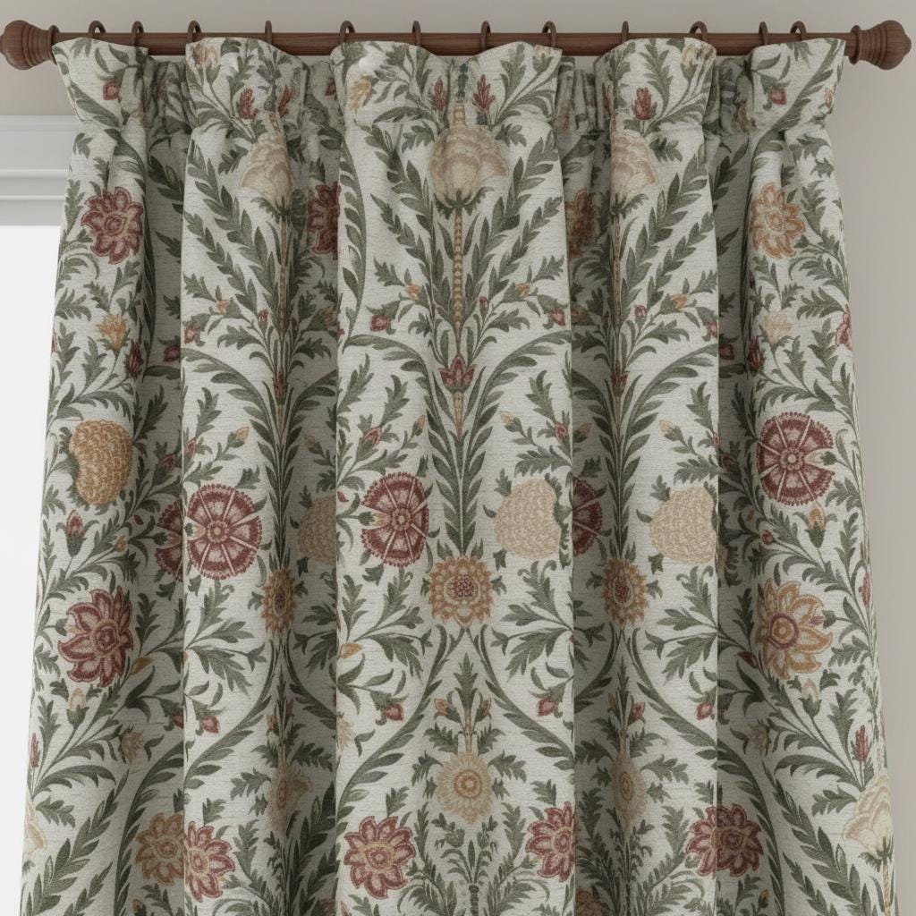 Botanical floral cotton curtains, neutral earthy botanical drapes, traditional cottage window panels, custom curtains