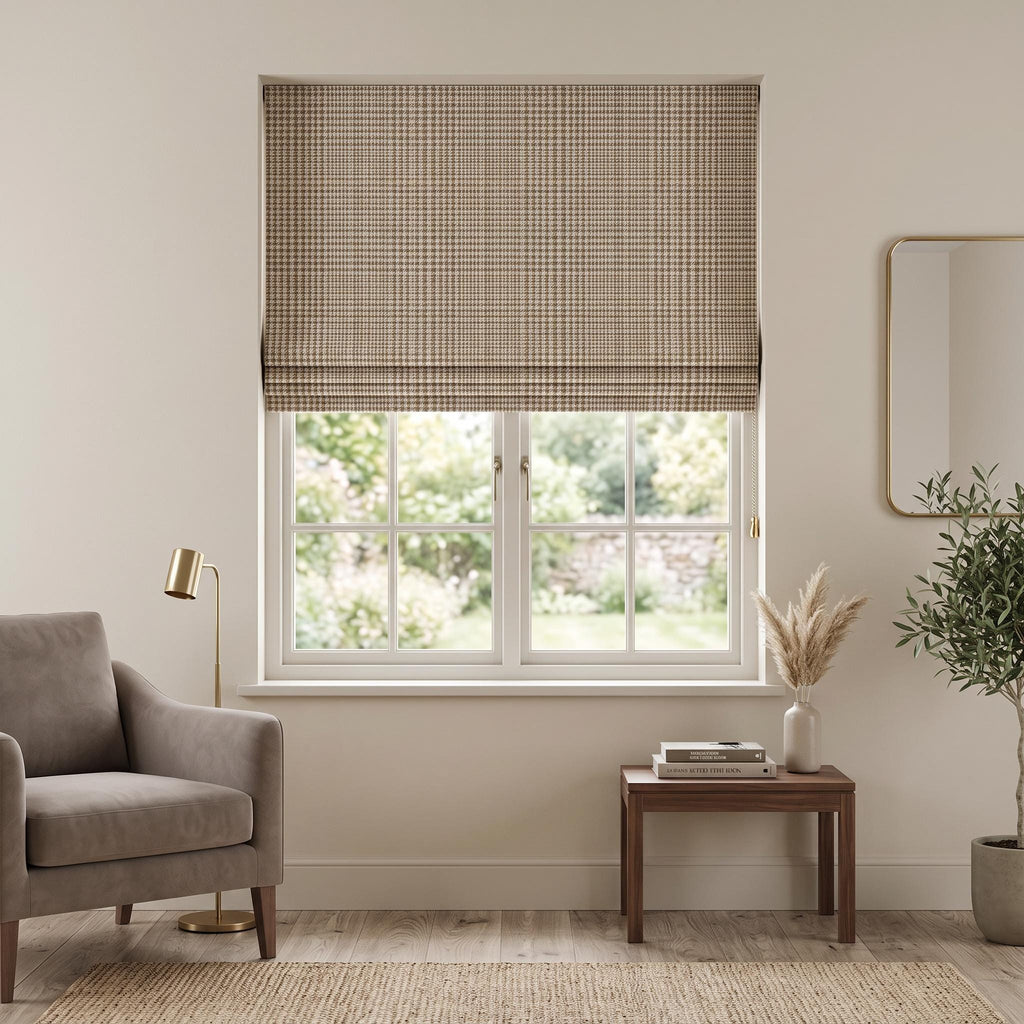 Brown Houndstooth Roman Shade, Custom Linen Window Treatment, Rustic Tweed Blind