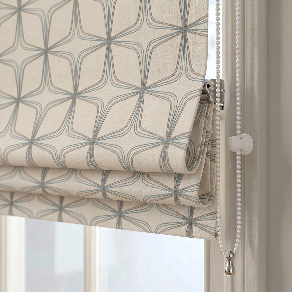 Geometric Roman Shade, Beige Linen Cotton  Roman Blind, Blue Taupe Pattern Window Treatment, Custom Kitchen Shade