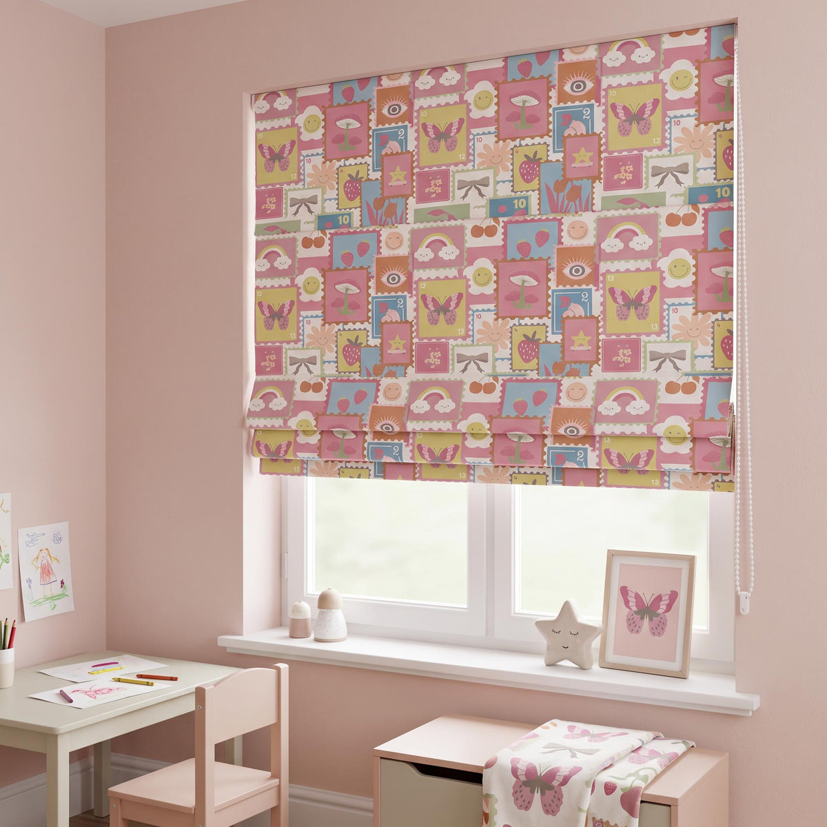 Colorful Kids Roman Shade, Whimsical Nursery Window Shade, Floral Butterfly Roman Blind, Girls Room Decor, Custom Roman Shade