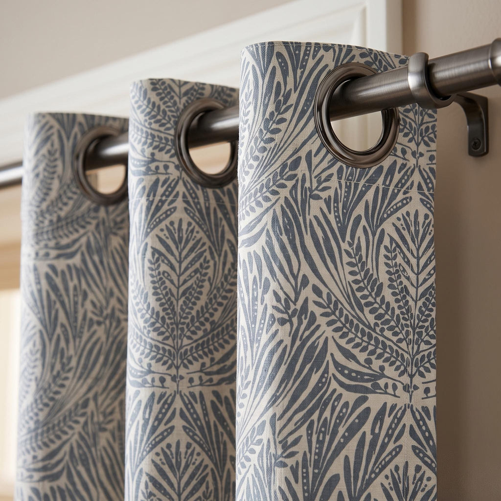 Blue Slate Botanical Linen Drapes, Muted Blue Fern Leaf Curtain Panels, Earthy Leafy Print Curtains, Blackout or Light Filtering