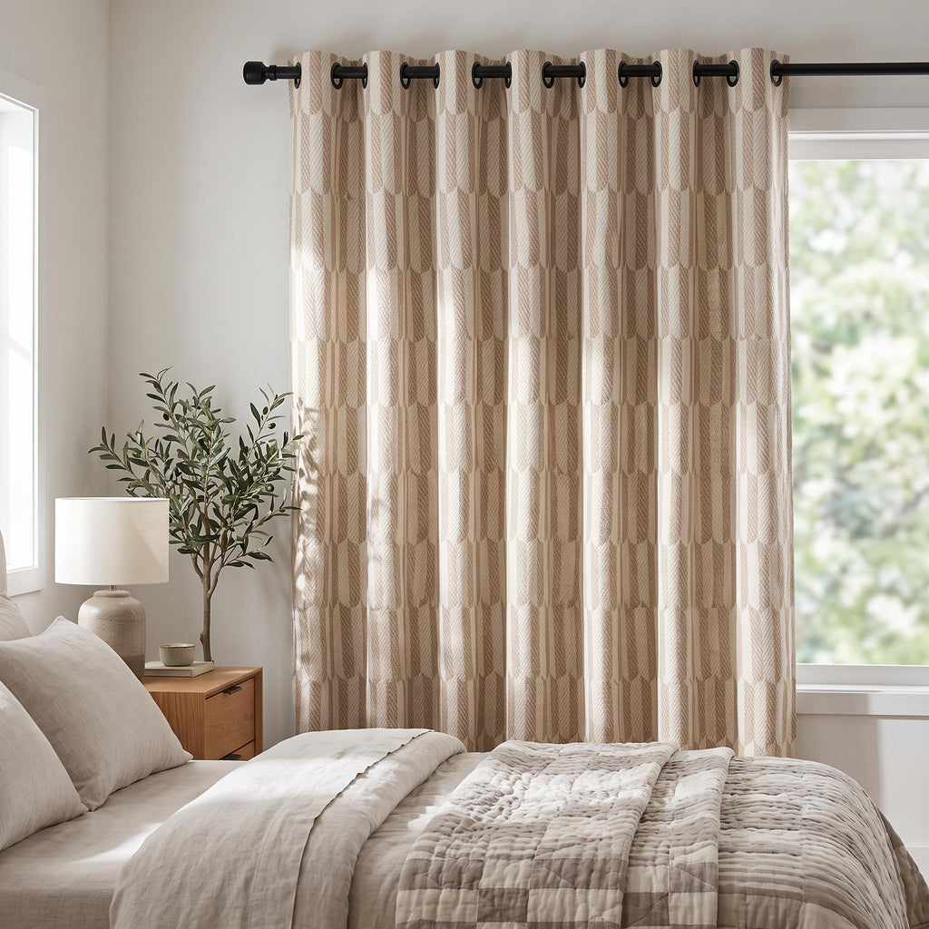 Modern Textured Cotton Blend Curtain Panel | Neutral Beige Window Curtains | Custom Woven Drapes
