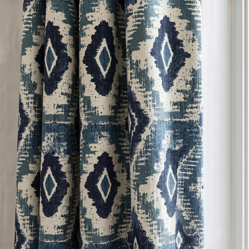 Navy Teal Geometric Curtains, Ikat Pattern Window Drapes, Linen  Custom Curtain Panels, Boho Farmhouse Decor, Blackout Available