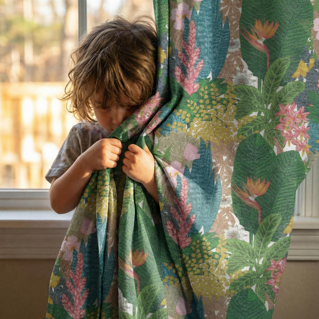 Tropical Botanical Curtains ,Bold Floral Linen Look Drapes , Green Pink Jungle Print – Custom Window Panels ,Living Room Bedroom Decor