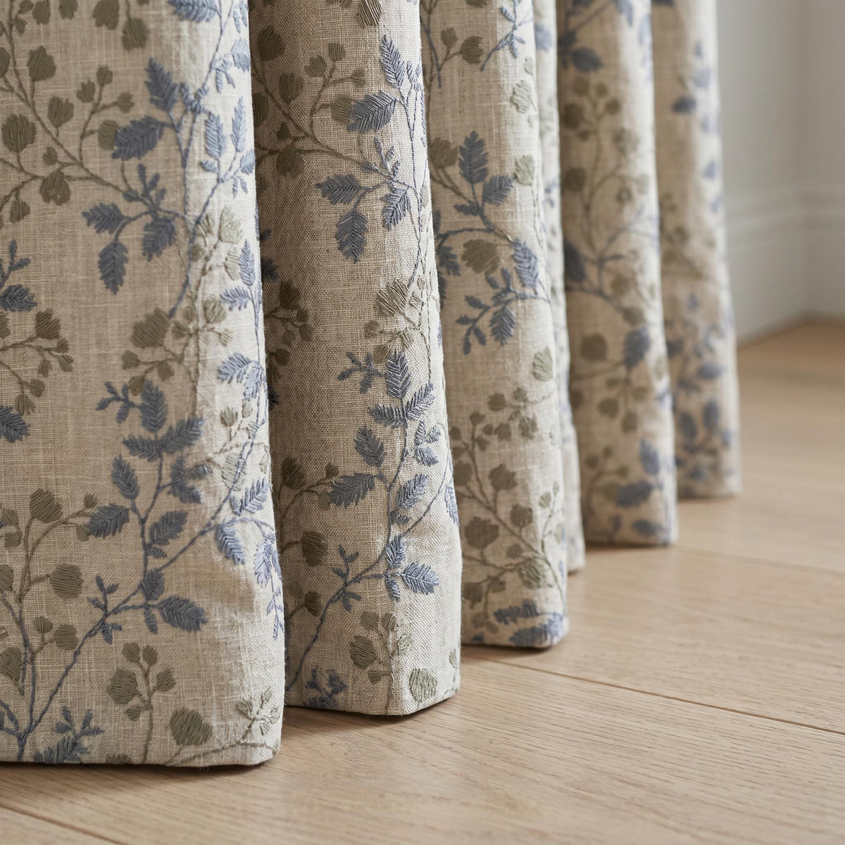 Blue Olive Botanical Embroidered Linen Curtains, OEKO-TEX Beige Floral Drapes, Cottage Farmhouse Custom Curtain Panels