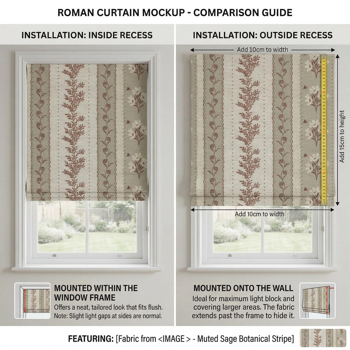 Vintage Botanical Roman Shade, Floral Stripe Window Blind, Farmhouse Cottage Roman Blind, Custom Size Window Treatment