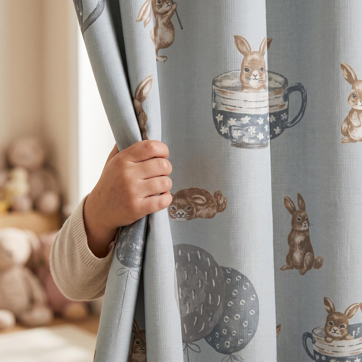 Bunny Nursery Curtains, Velvet Feel Rabbit and Teacup Drapes, Grey Woodland Kids Room Curtains, Custom Window Panels