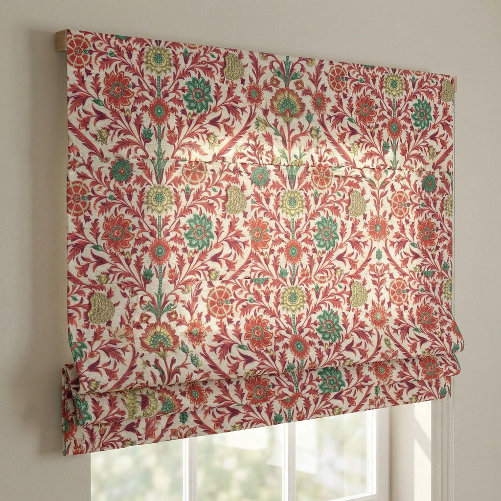 English Country Roman Shade, Rust and Green Botanical Blind, Custom Cottage Window Treatment
