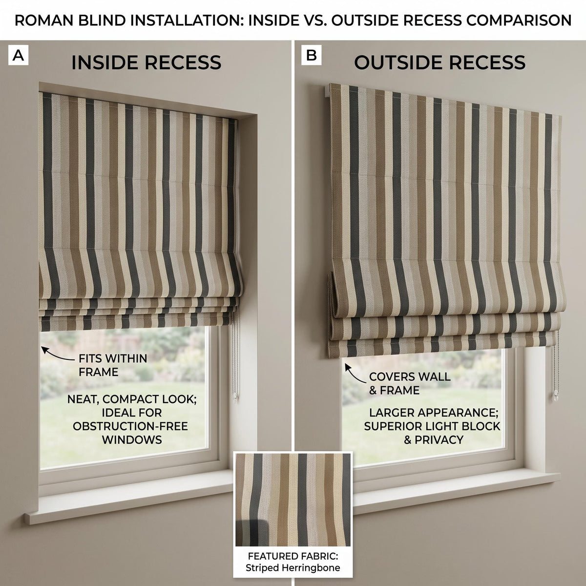 Custom Striped Roman Shade, Neutral Beige and Grey Printed Window Blind, Made to Measure up to 50" Wide
