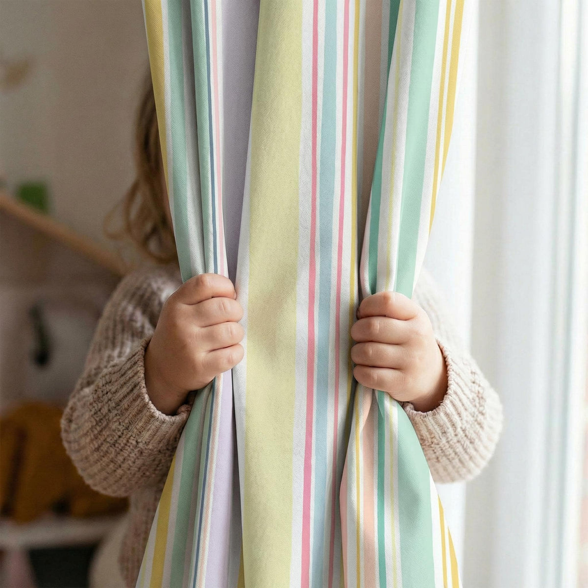 Organic Cotton Pastel Stripe Curtains, Light Filtering Window Panels, Soft Multicolor Drapes, Custom Size Curtains