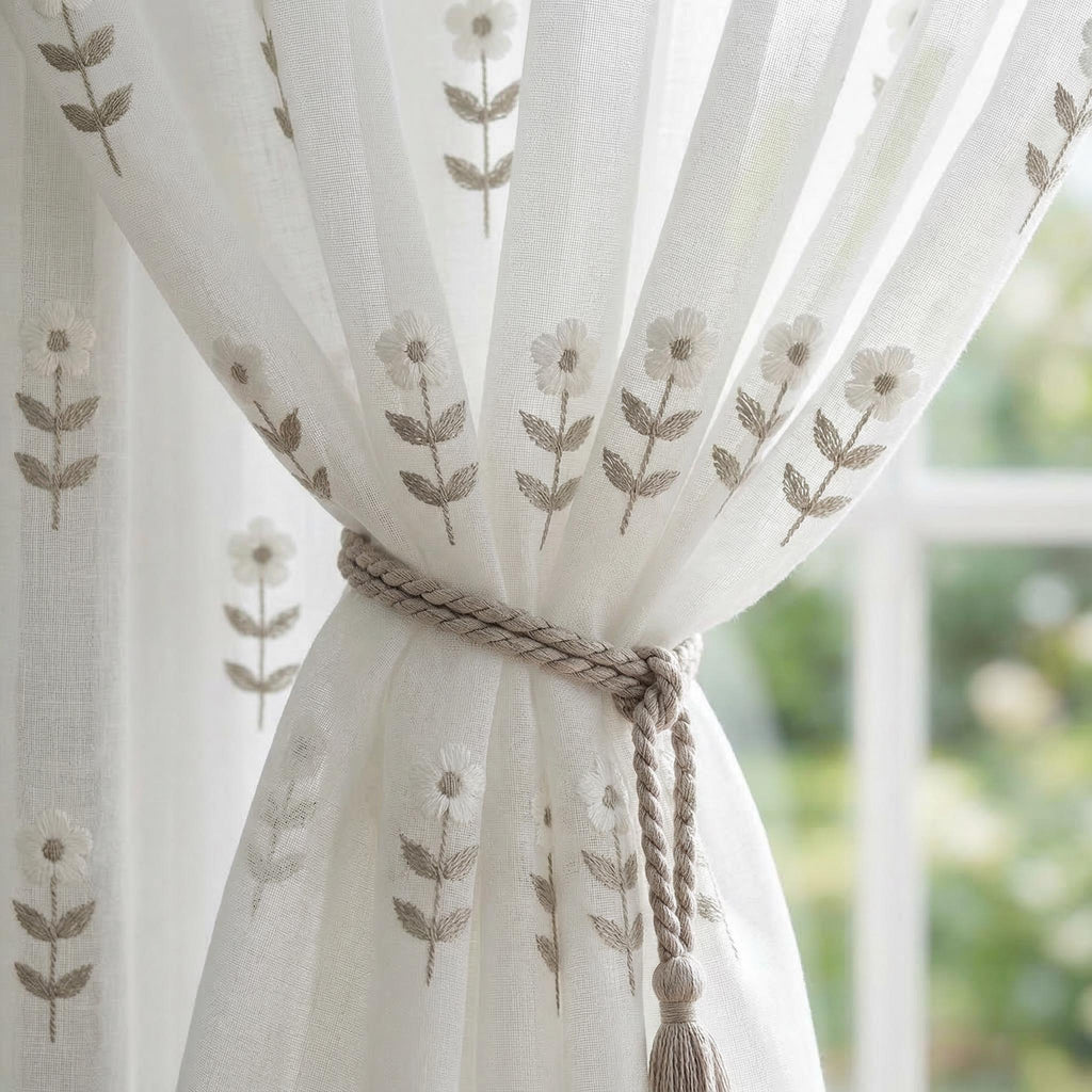 Embroidered Floral Sheer Curtains, Cottage Farmhouse Window Panels