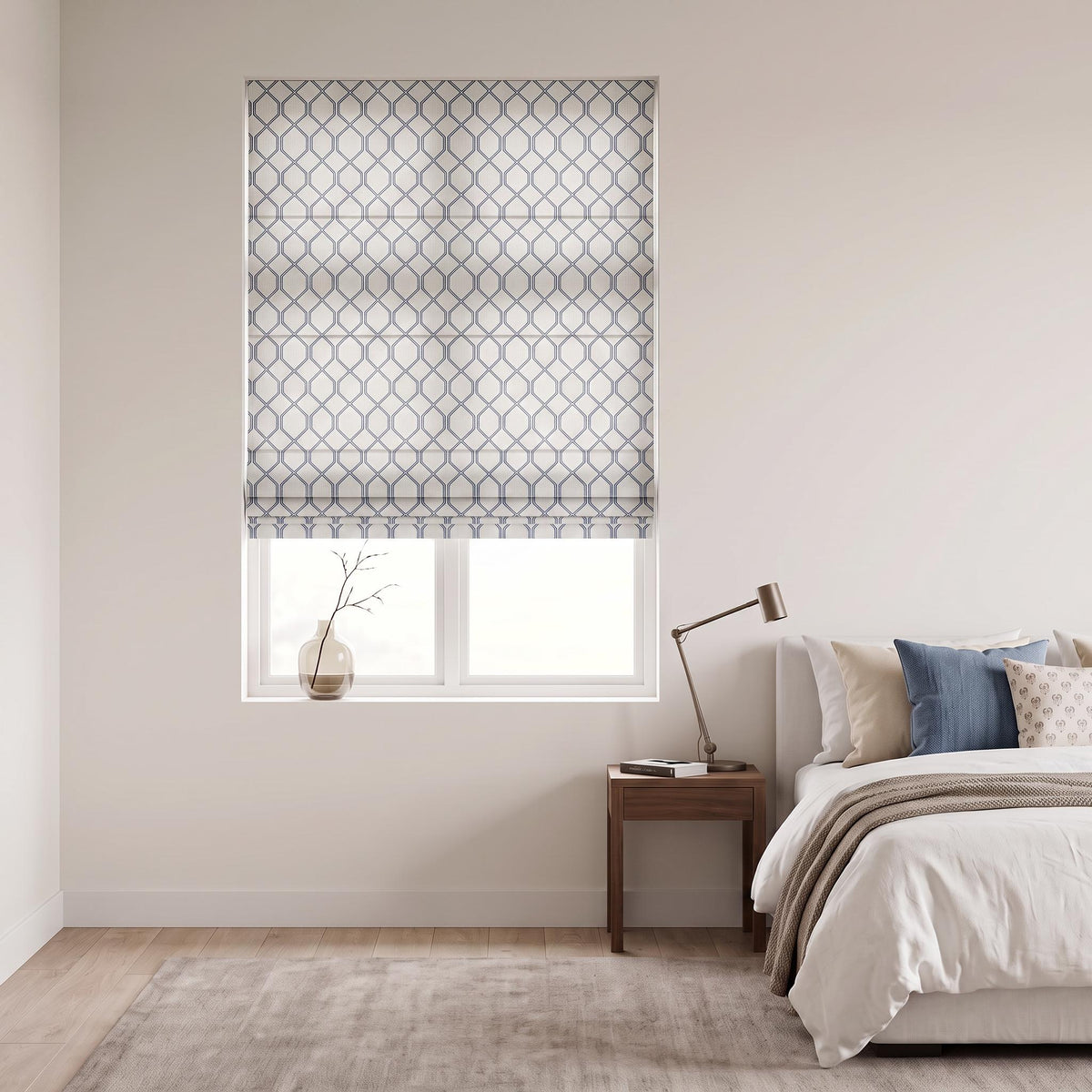 Blue Geometric Roman Shade | Custom Printed Roman Blinds | Blue and Cream Trellis Window Shade | Cotton Blend Fabric Window Coverings