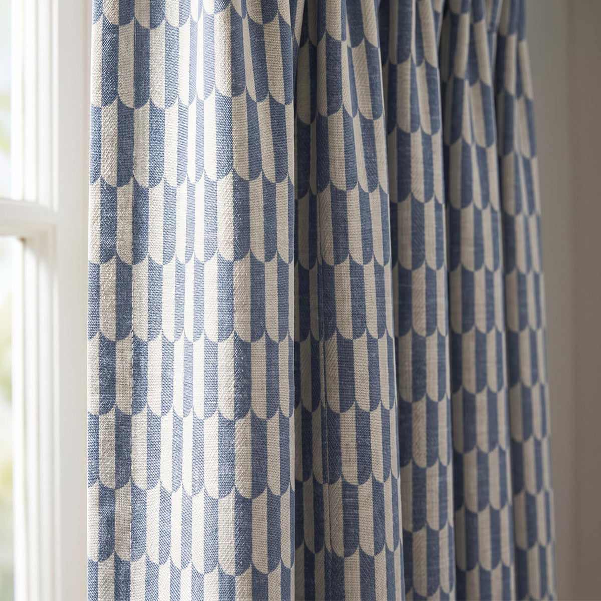 Modern Blue Geometric Curtain Panel, Mid Century Arch Scallop Drapes, Blue Off White Living Room Curtains, Custom Size Bedroom Window Drapes