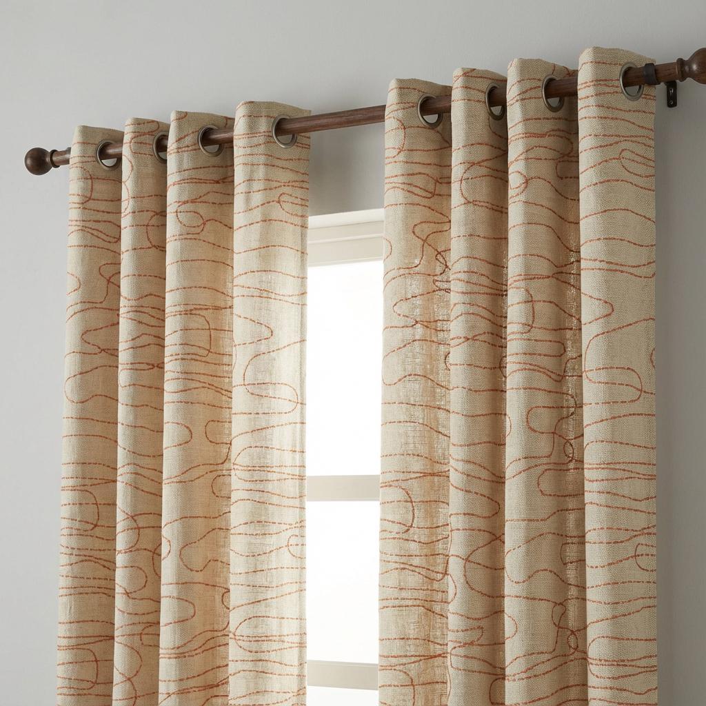 Abstract Line Linen Curtain, Beige Neutral Drapes with Rust Contour Design, Custom Made Modern Window Curtain