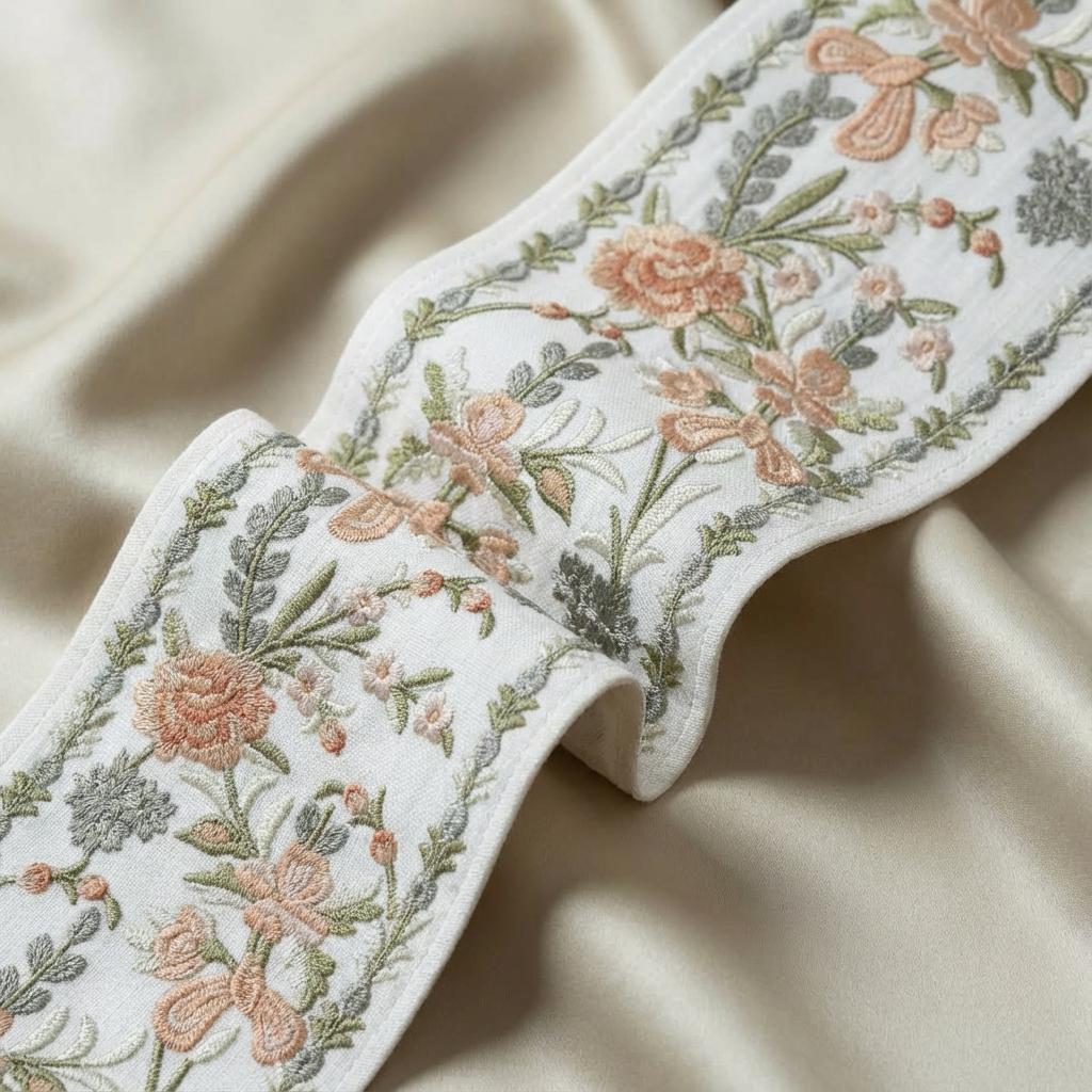 Regal French Country Embroidered Trim - Dusty Rose & Sage Floral Ribbon