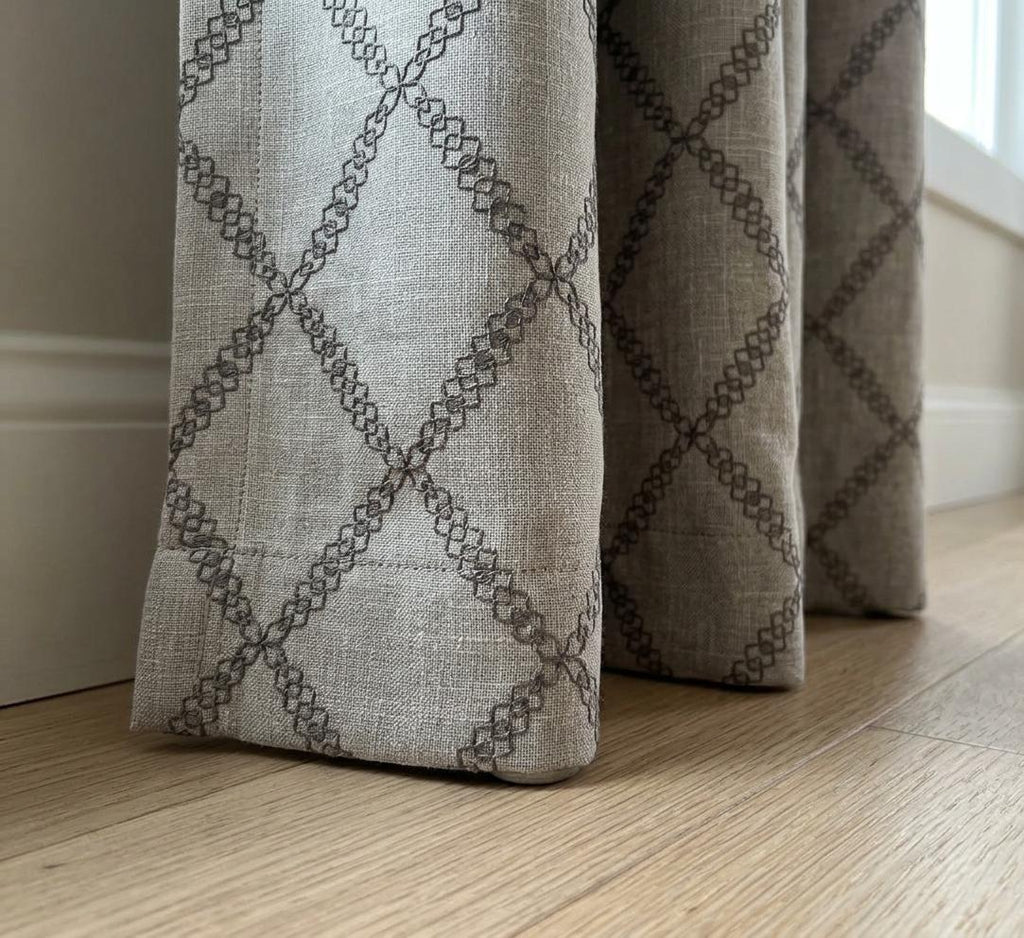 Gray Geometric Trellis Embroidered Curtains, Custom Oatmeal Linen Window Drapes, Modern Farmhouse & Transitional Style Luxury Panels
