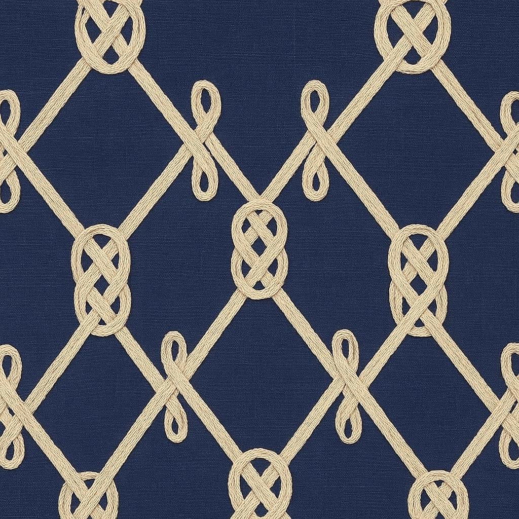 Navy Linen Roman Shade – Coastal Rope Embroidery, Custom Blind
